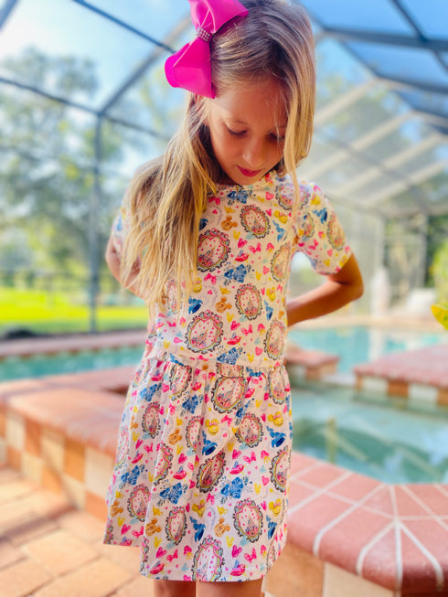 Girls Pink Watercolor Crop Top Skort Set and Matching Bow - Bowtism